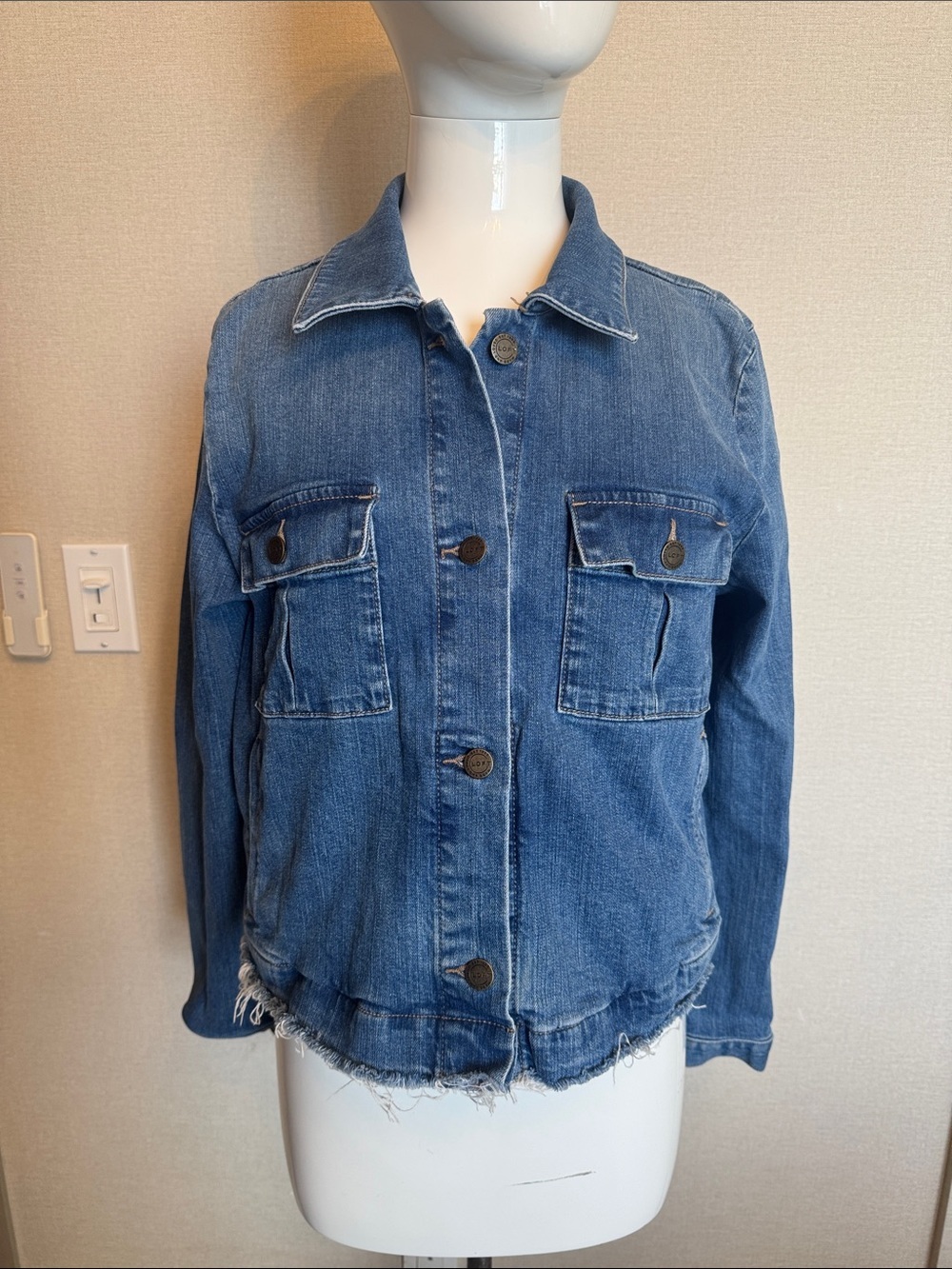LOFT Medium Blue Denim Button-Front Jacket with Raw Hem